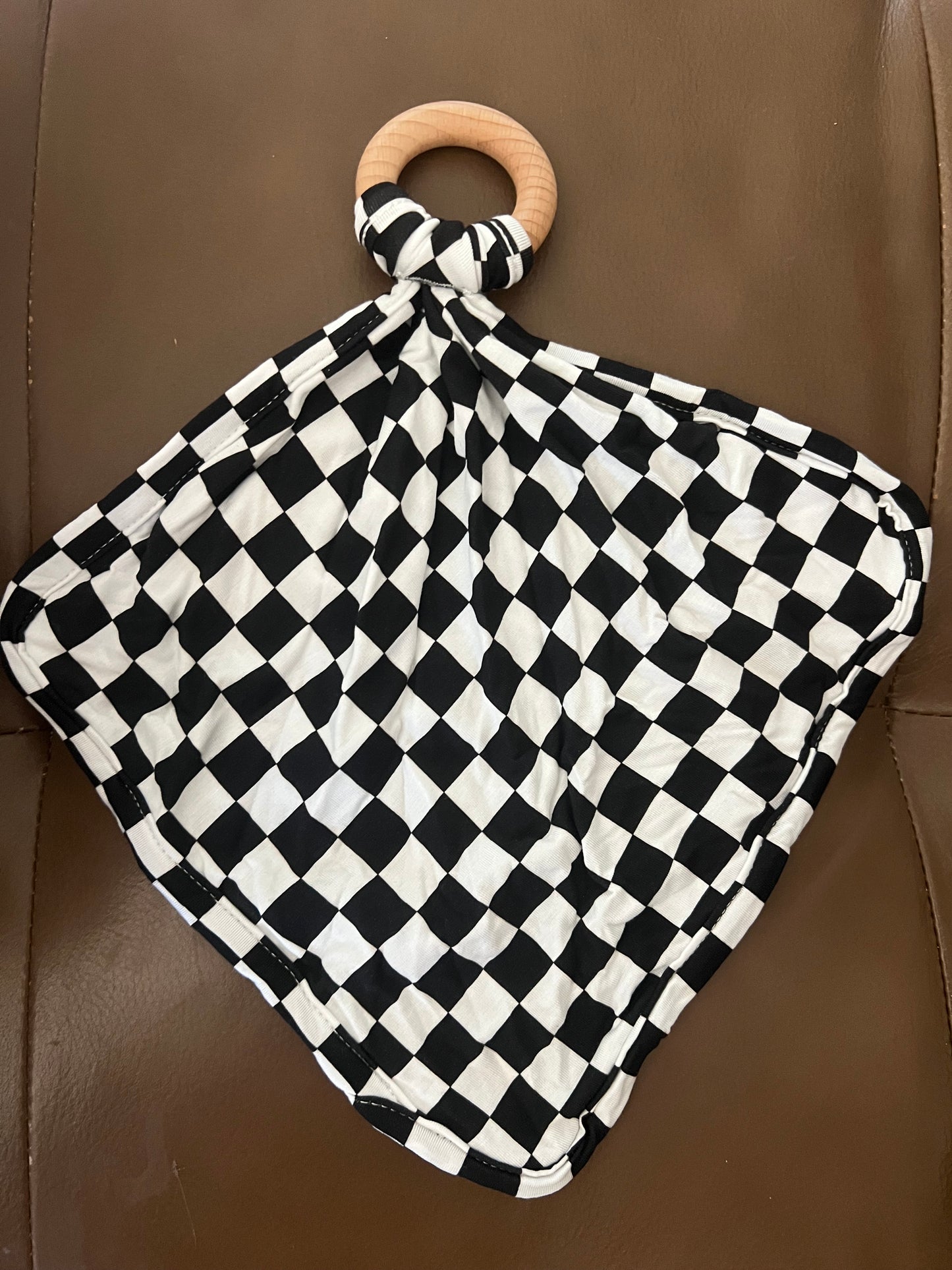 B&W Checks Lovey with wooden teething ring