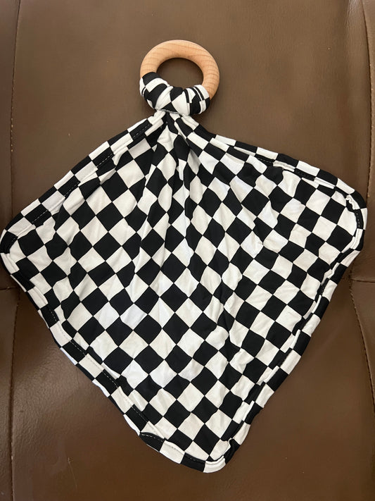 B&W Checks Lovey with wooden teething ring