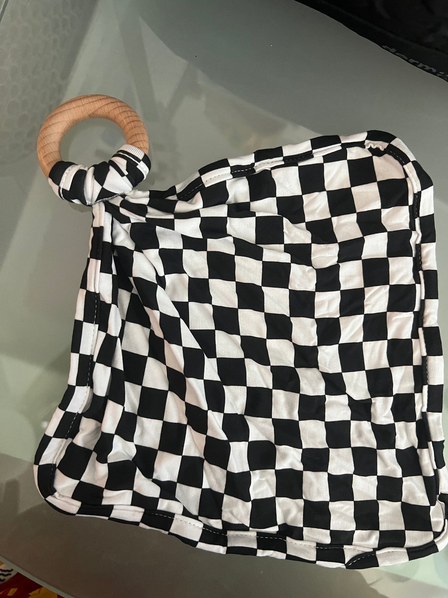B&W Checks Lovey with wooden teething ring