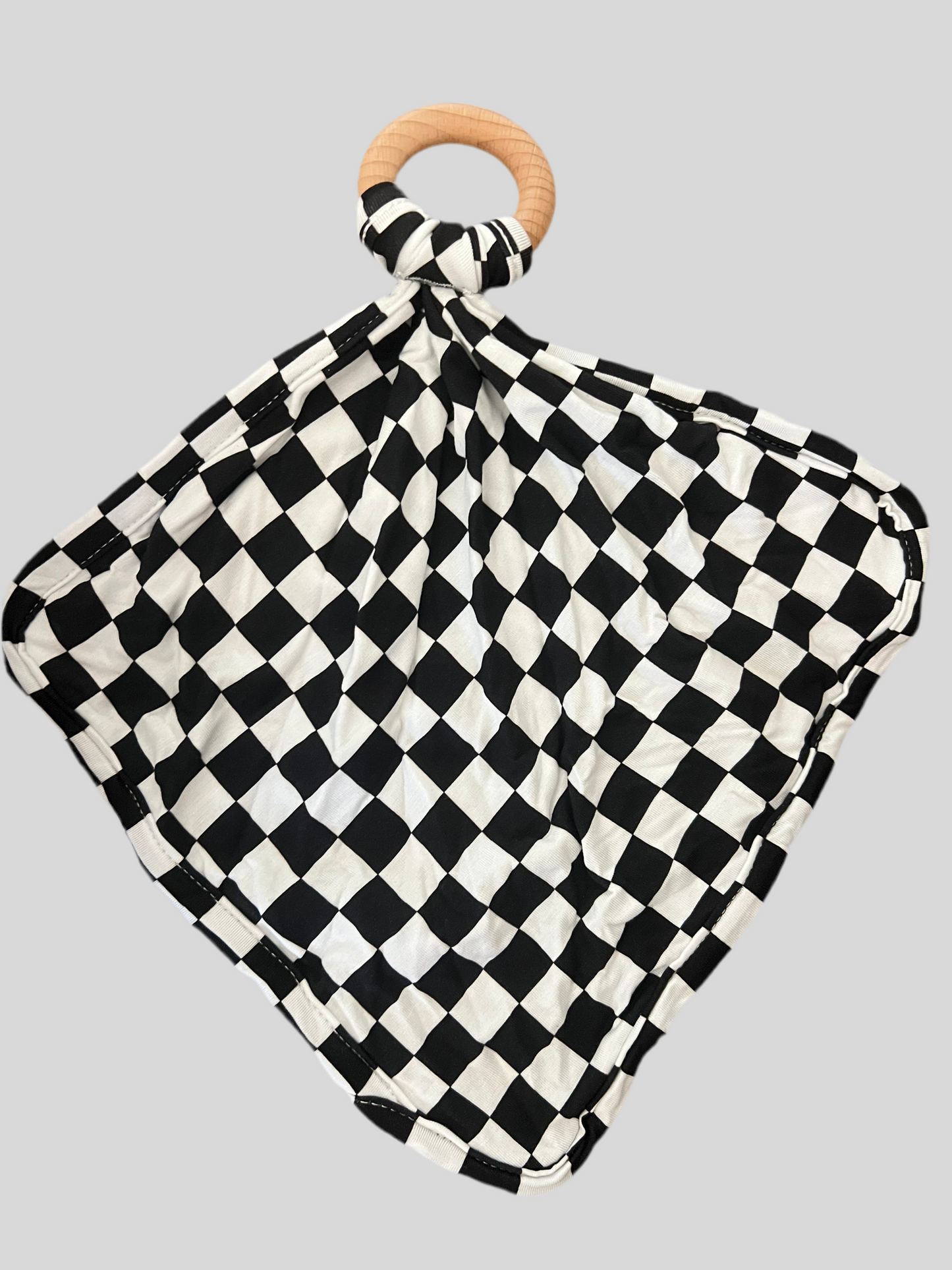 B&W Checks Lovey with wooden teething ring