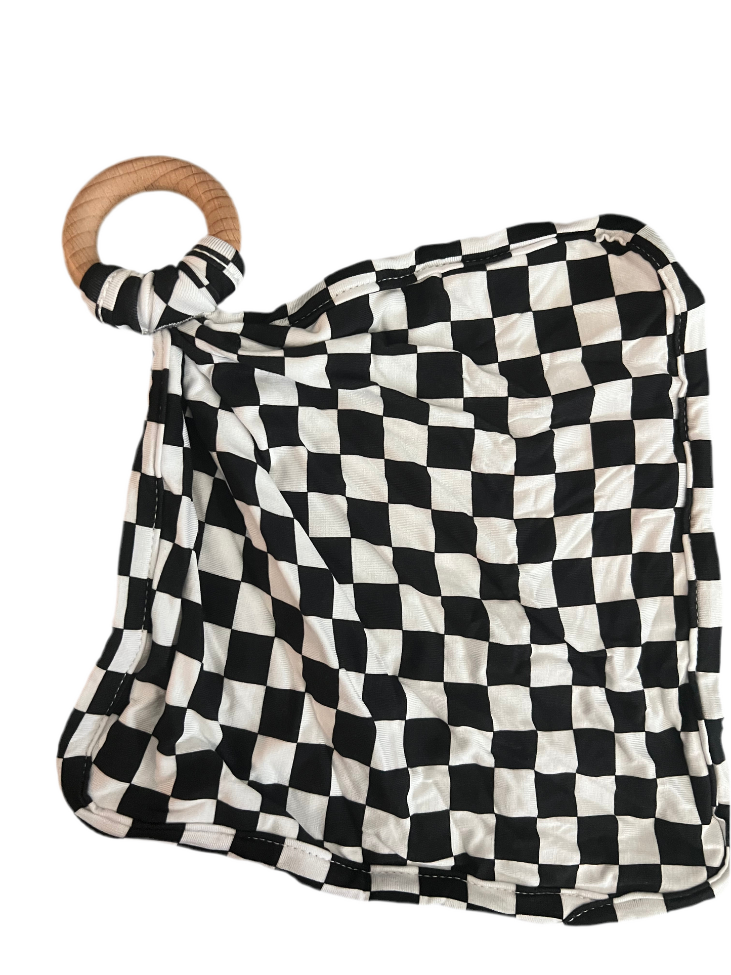 B&W Checks Lovey with wooden teething ring