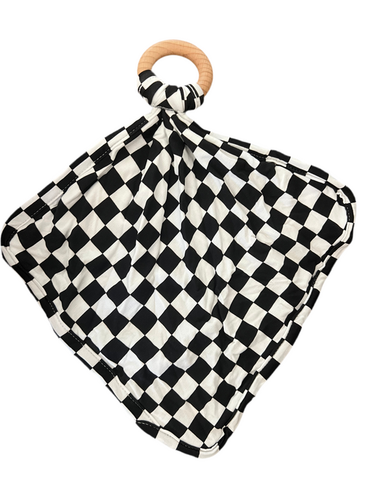 B&W Checks Lovey with wooden teething ring