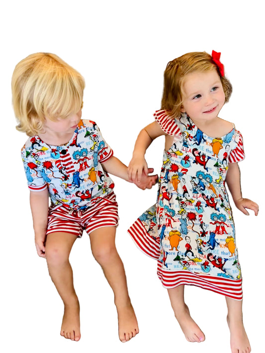 Seussical Storytime Bamboo Bow back twirl dress with shorts