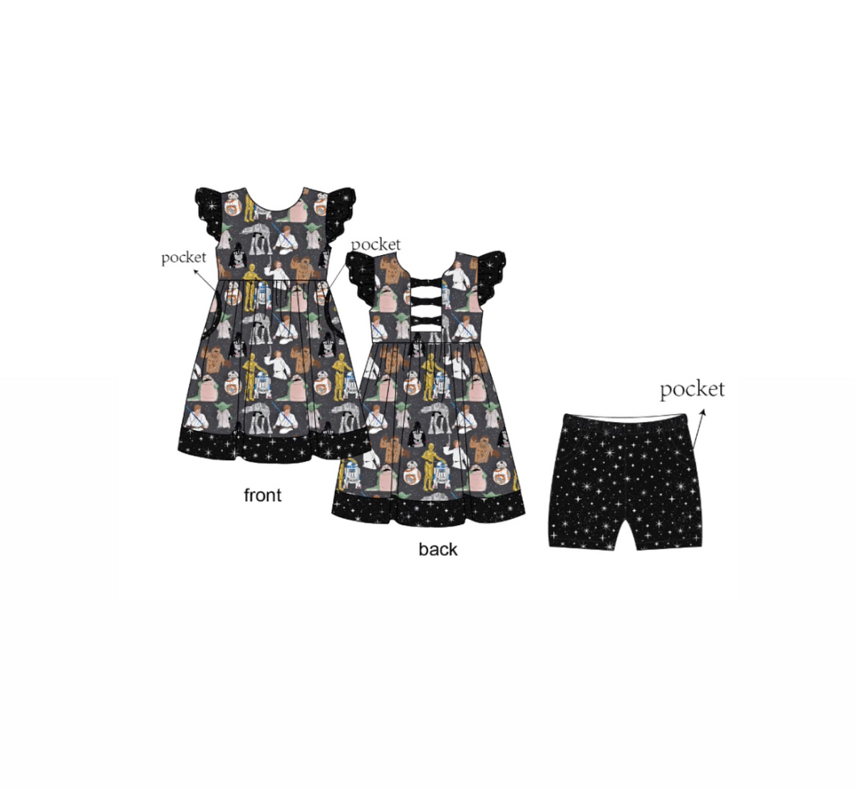 Star Wars Bamboo Twirl Dress bow back with pockets and shorts